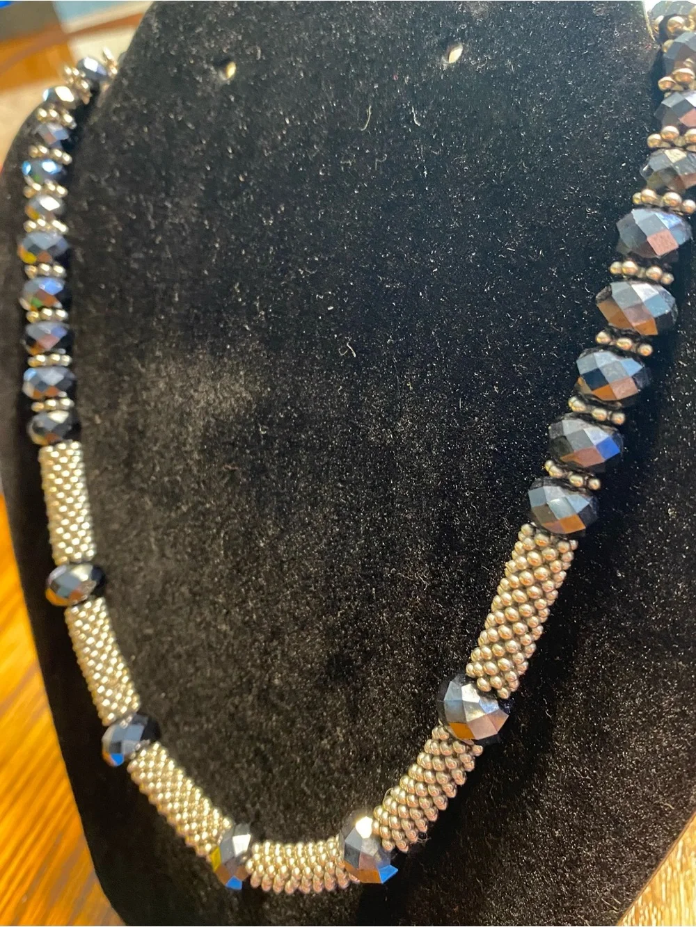 Vintage Silver Metallic Mesh Tube Iridescent Jet Black Faceted Crystal Necklace